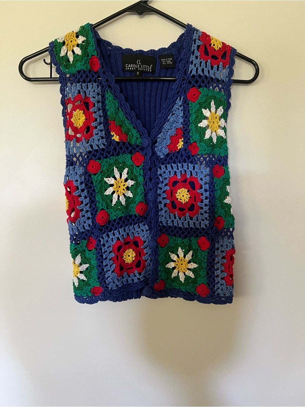 Carole Little Royal Blue Crochet Granny SquareSweater Vest